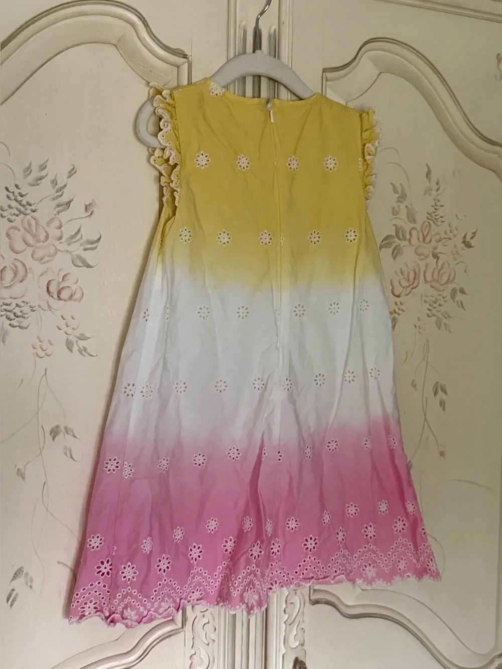 Mini Boden 6-7Y Broderie Lace Daffodil Yellow Pink Ombré Flutter Sleeve Dress
